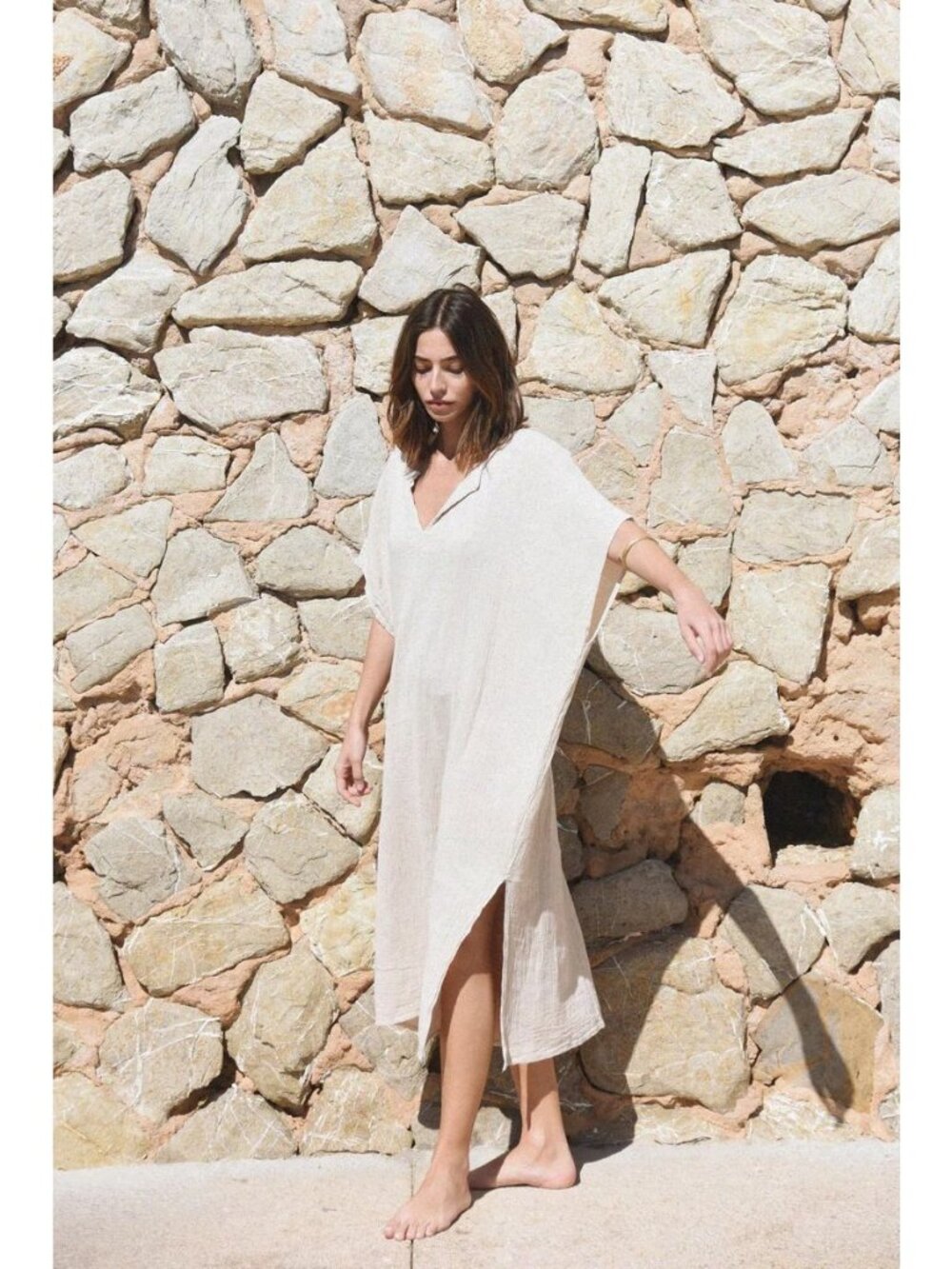 NEW Beachwood Baby O/S Cala Kaftan Dress Moon Beige Linen Cotton Minimalist